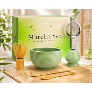 NIB Matcha Tea Set Ceramic Bowl Bamboo Whisk Complete Gift Kit Green